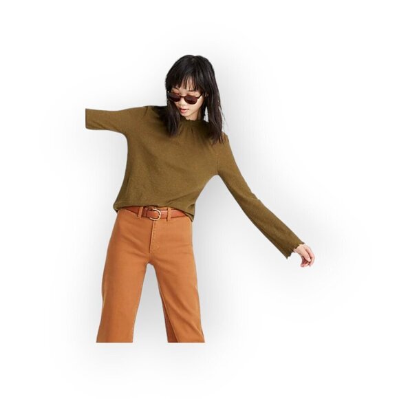 Madewell l/s Ruffled Mockneck Top Textured XXS in Asparagus Olive Green - Picture 3 of 14